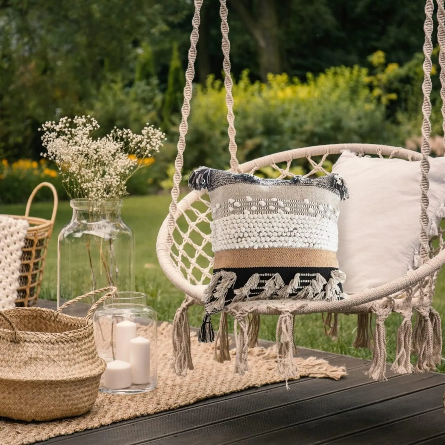 Throw Boho Pillow Cover, 18”x18” Bohemian Moroccan Rustic Decorative Pillows with Tufted Accents, Plush Handwoven Cotton, Textured Woven Neutral Farmhouse Scandinavian Home Decor