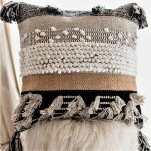 Throw Boho Pillow Cover, 18”x18” Bohemian Moroccan Rustic Decorative Pillows with Tufted Accents, Plush Handwoven Cotton, Textured Woven Neutral Farmhouse Scandinavian Home Decor