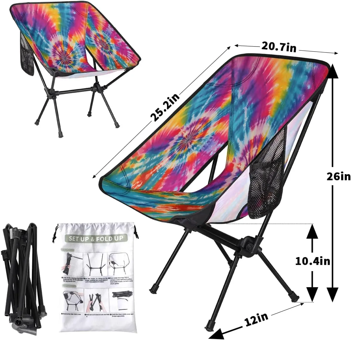 Tie Dye Style Folding Camping Chair Lightweight Camping Chairs for Adults Portable Outdoor Camp Chair Supports 176 Lbs