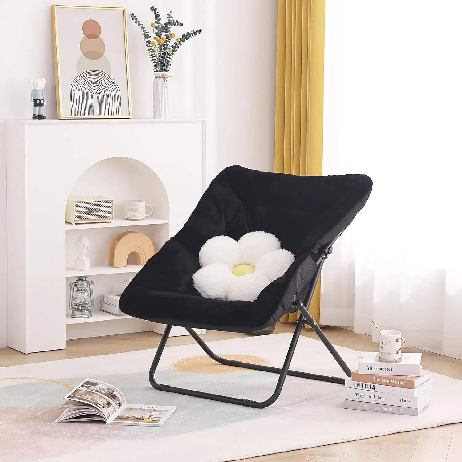 Tiita Comfy Folded Chair, Soft Faux Fur Oversized Folding Accent Chair, Lounge Lazy Chair for Kids Teens Adults, Metal Frame Moon Chair for Bedroom, Living Room, Dorm Rooms