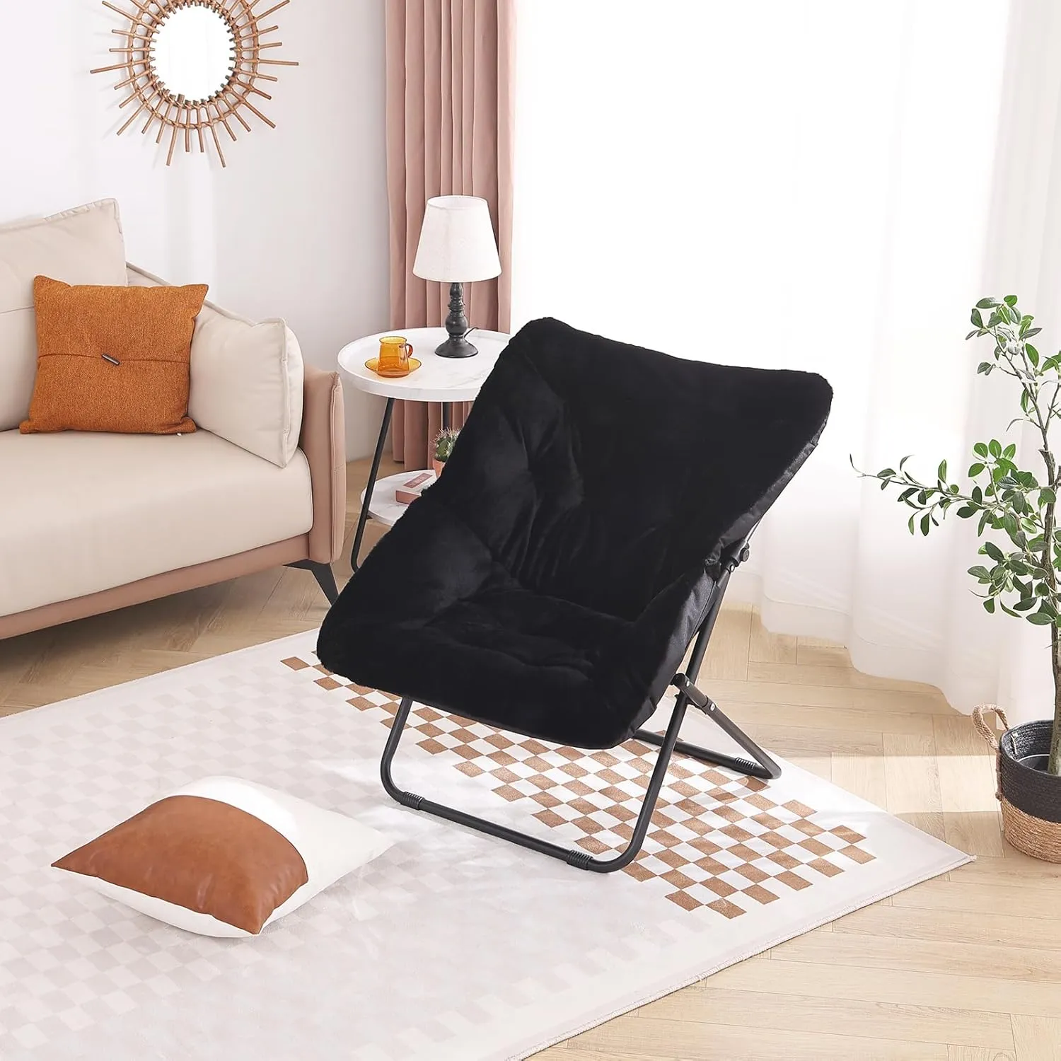 Tiita Comfy Folded Chair, Soft Faux Fur Oversized Folding Accent Chair, Lounge Lazy Chair for Kids Teens Adults, Metal Frame Moon Chair for Bedroom, Living Room, Dorm Rooms