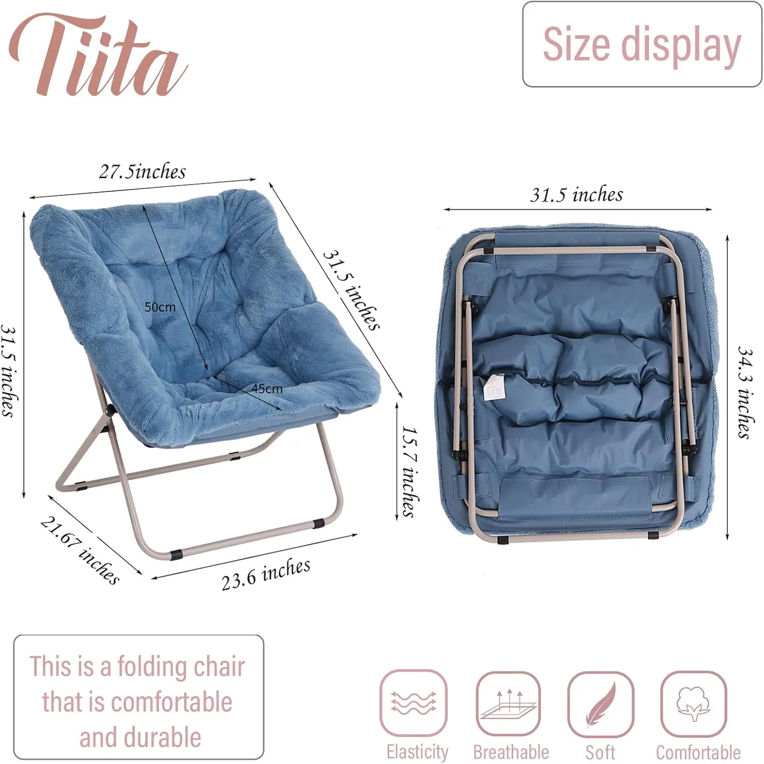 Tiita Comfy Saucer Chair, Soft Faux Fur Oversized Folding Accent Chair, Lounge Lazy Chair for Kids Teens Adults, Metal Frame Moon Chair for Bedroom, Living Room, Dorm Rooms, X-Large, Blue