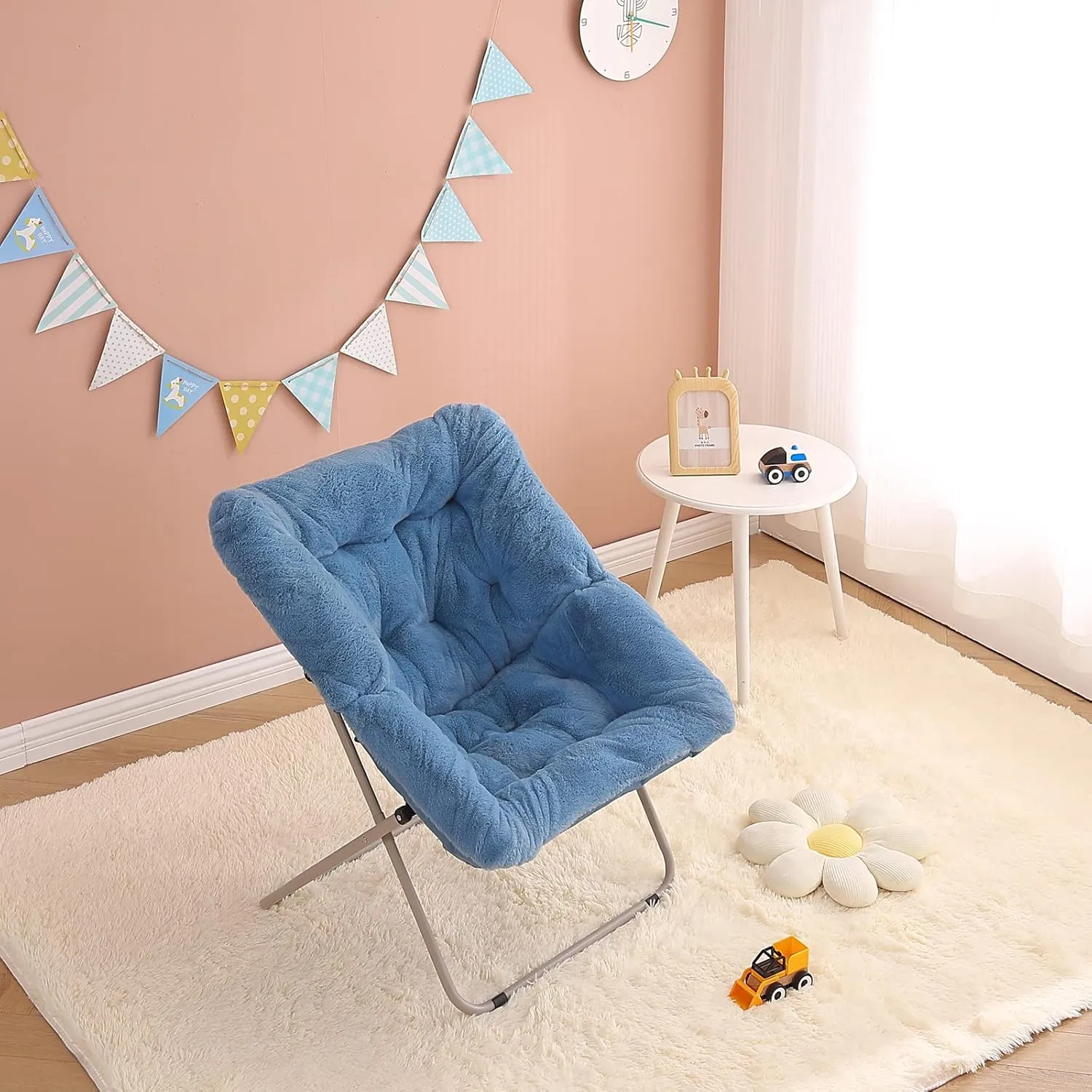 Tiita Comfy Saucer Chair, Soft Faux Fur Oversized Folding Accent Chair, Lounge Lazy Chair for Kids Teens Adults, Metal Frame Moon Chair for Bedroom, Living Room, Dorm Rooms, X-Large, Blue