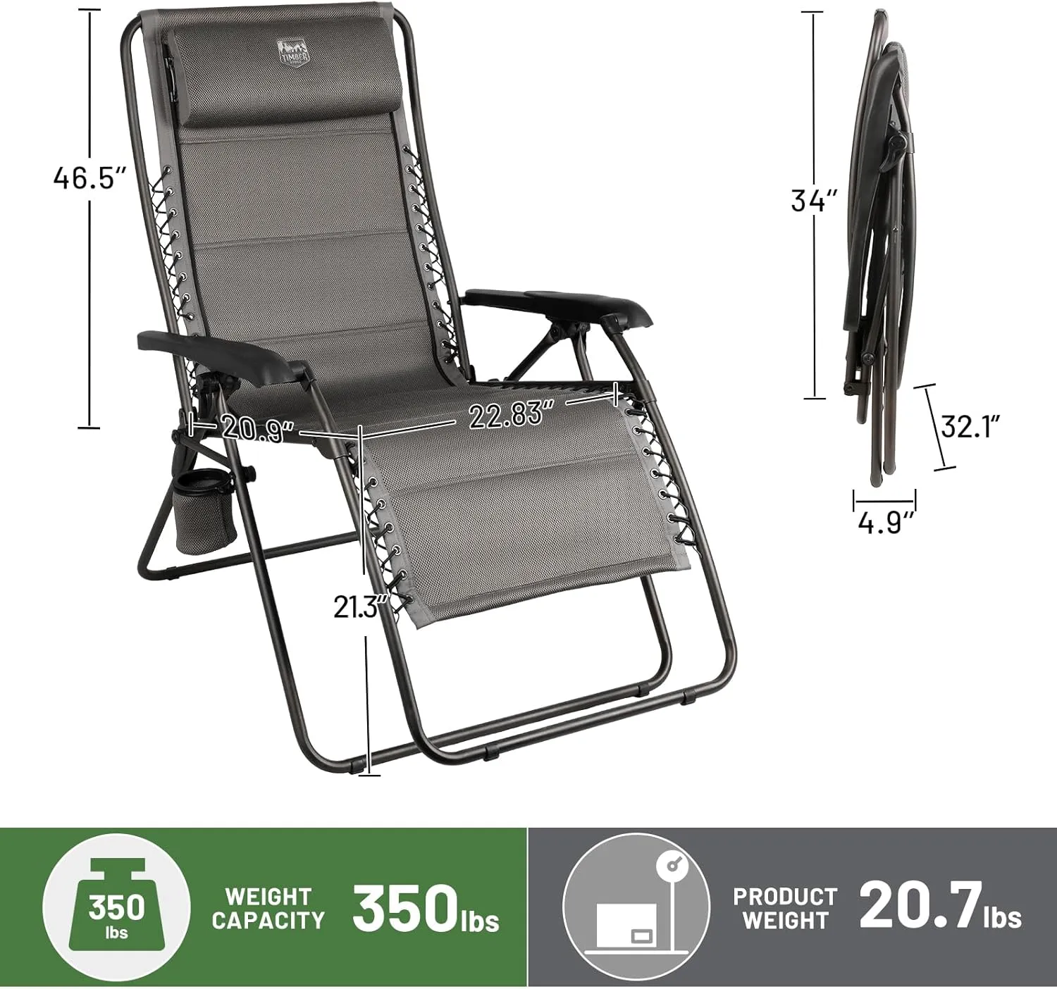Timber Ridge Balsam Deluxe Zero Gravity Lounger Oversize Outdoor Recliner Chair, Grey