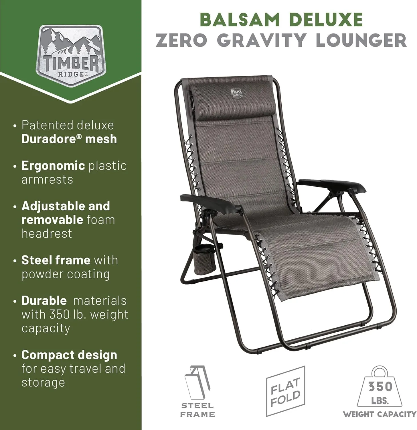 Timber Ridge Balsam Deluxe Zero Gravity Lounger Oversize Outdoor Recliner Chair, Grey