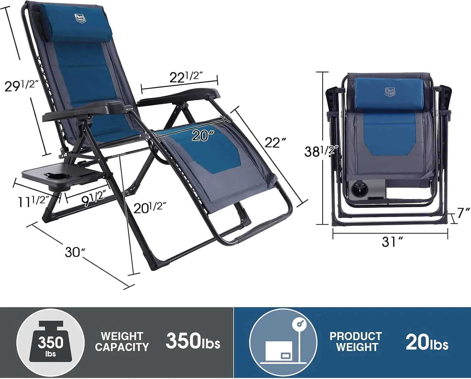 TIMBER RIDGE Zero Gravity Chair Oversized Recliner 350lbs Capacity Patio Lounge Chair Padded Lawn Chair with Headrest XXL for Outdoor, Camping, Patio, Lawn