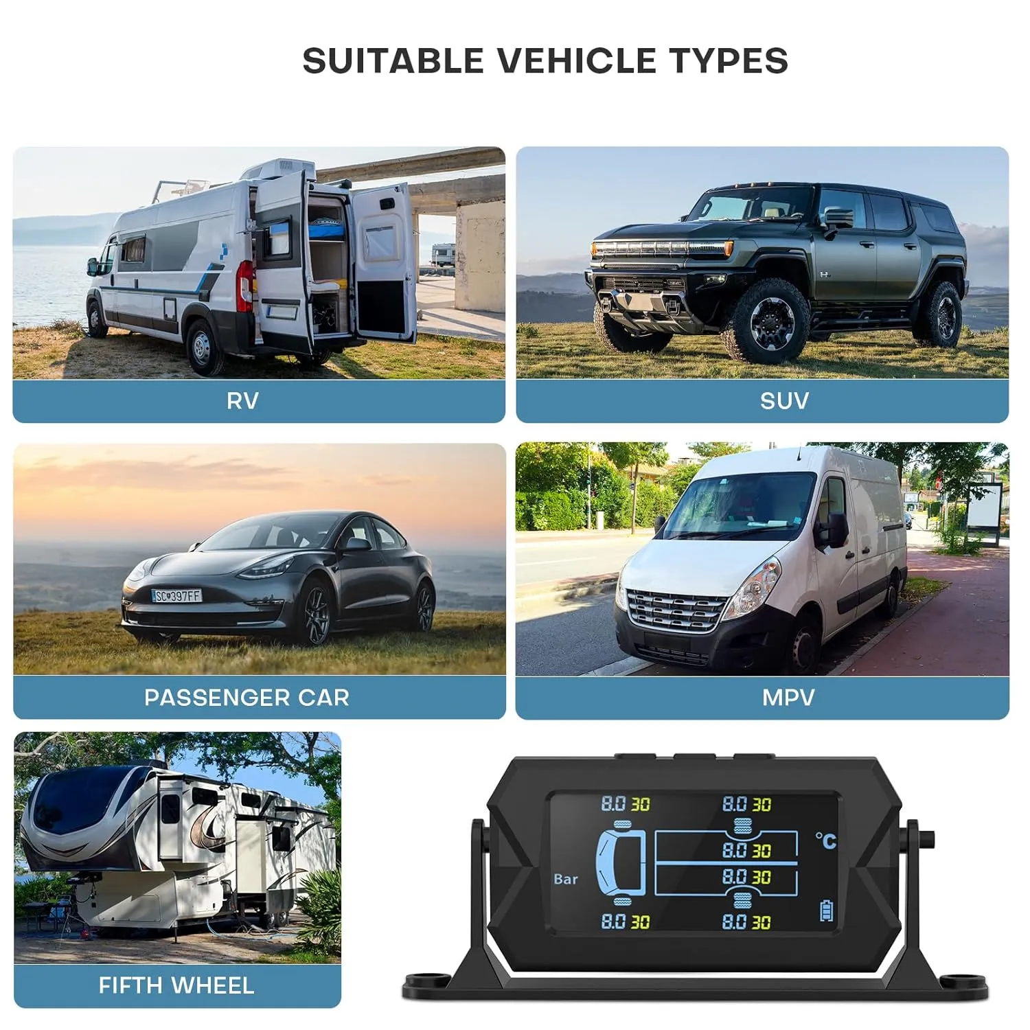 Tire Pressure Monitoring System, 7.84” Cordless Solar Charging RV TPMS with 6 Sensors,for RV Travel Trailer Fifth Wheel Motorhome, Real-time Monitoring Pressure & Temperature (0~214 PSI)