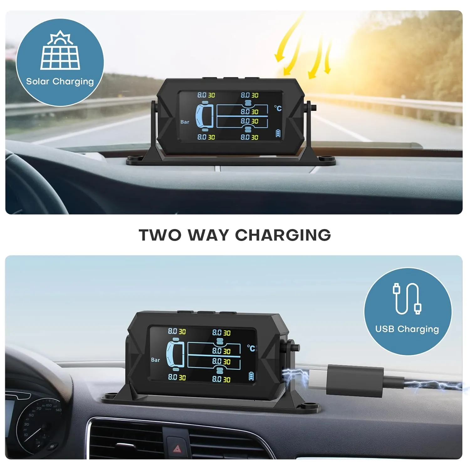 Tire Pressure Monitoring System, 7.84” Cordless Solar Charging RV TPMS with 6 Sensors,for RV Travel Trailer Fifth Wheel Motorhome, Real-time Monitoring Pressure & Temperature (0~214 PSI)
