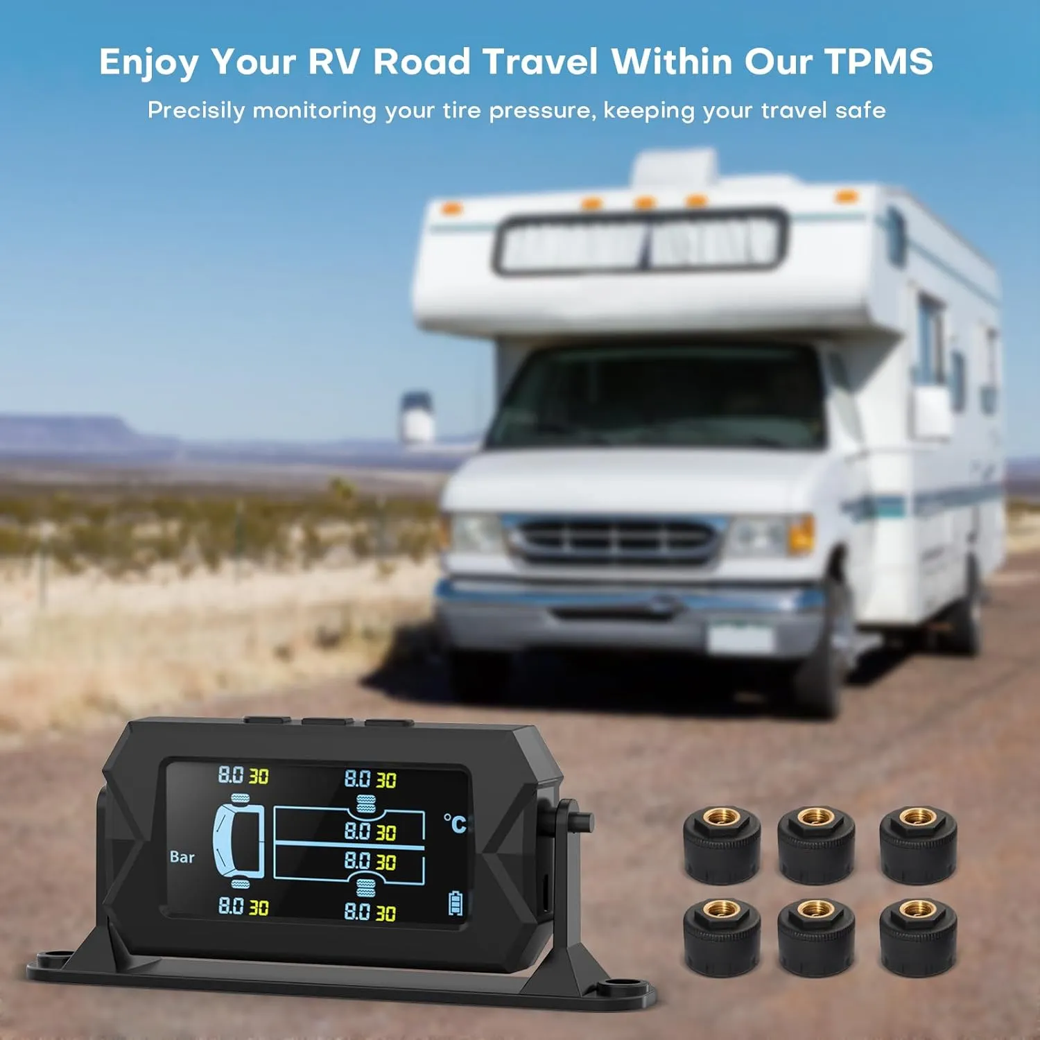 Tire Pressure Monitoring System, 7.84” Cordless Solar Charging RV TPMS with 6 Sensors,for RV Travel Trailer Fifth Wheel Motorhome, Real-time Monitoring Pressure & Temperature (0~214 PSI)