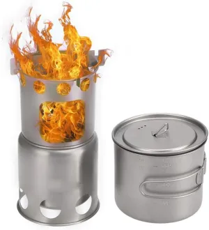 Titanium Camping Cookware Set Outdoor Wood Stove Outdoor Pot Folding Backpacking Camping Stove with 1100ml Pot Camping Tableware