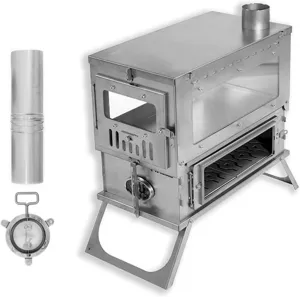 Titanium camping tent stove, wood stove with large side glass, foldable small camping stove for backpacking with chimney pipes for winter