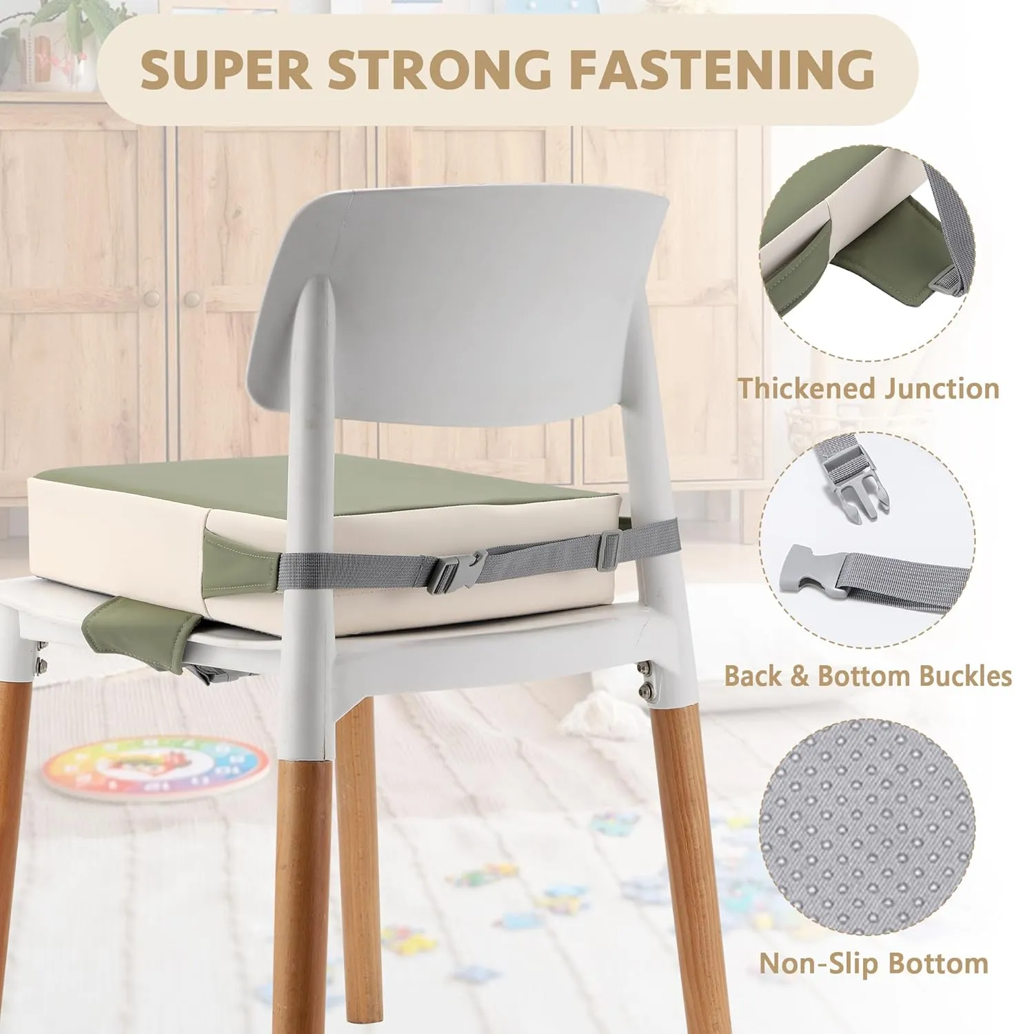 Toddler Booster Seat for Dining Table (PU Material),Portable Kids Booster Seat with Safety Buckles, High Cushion for Travel with Non-Slip Bottom