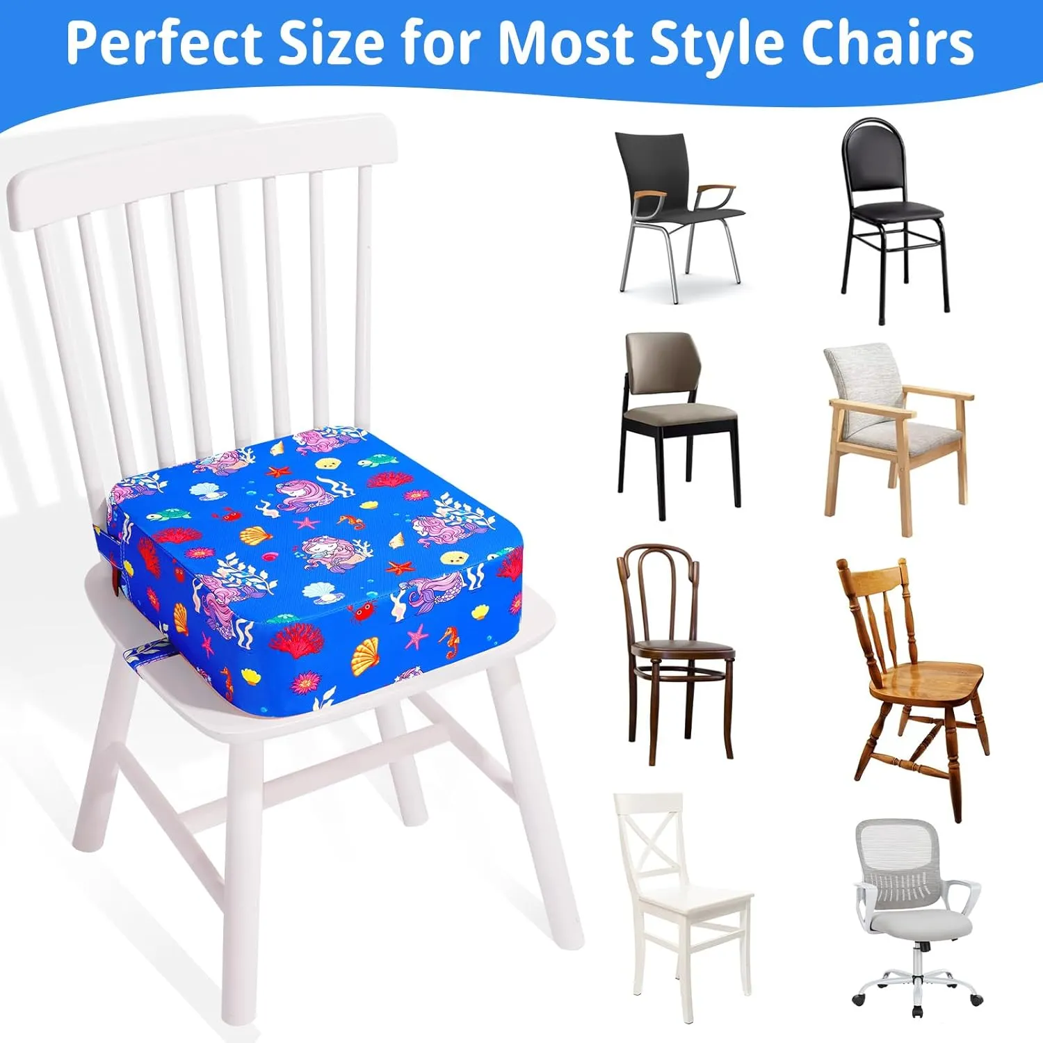 Toddler Booster Seat for Kitchen Chair, Non-Slip Kids Dining Table Booster Seat with Adjustable Safer Straps, Portable Baby Eating Travel Camping Increasing Cushion