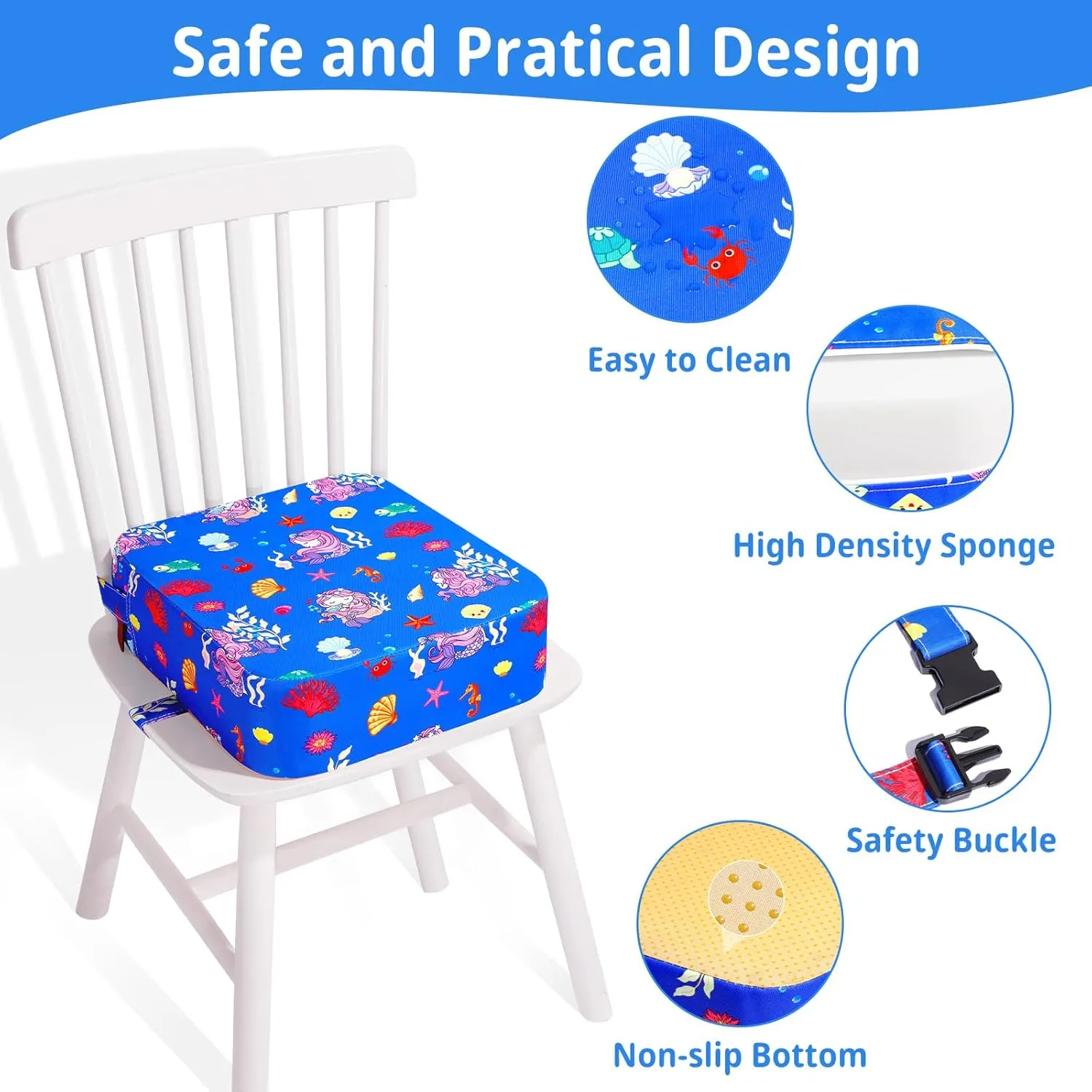 Toddler Booster Seat for Kitchen Chair, Non-Slip Kids Dining Table Booster Seat with Adjustable Safer Straps, Portable Baby Eating Travel Camping Increasing Cushion