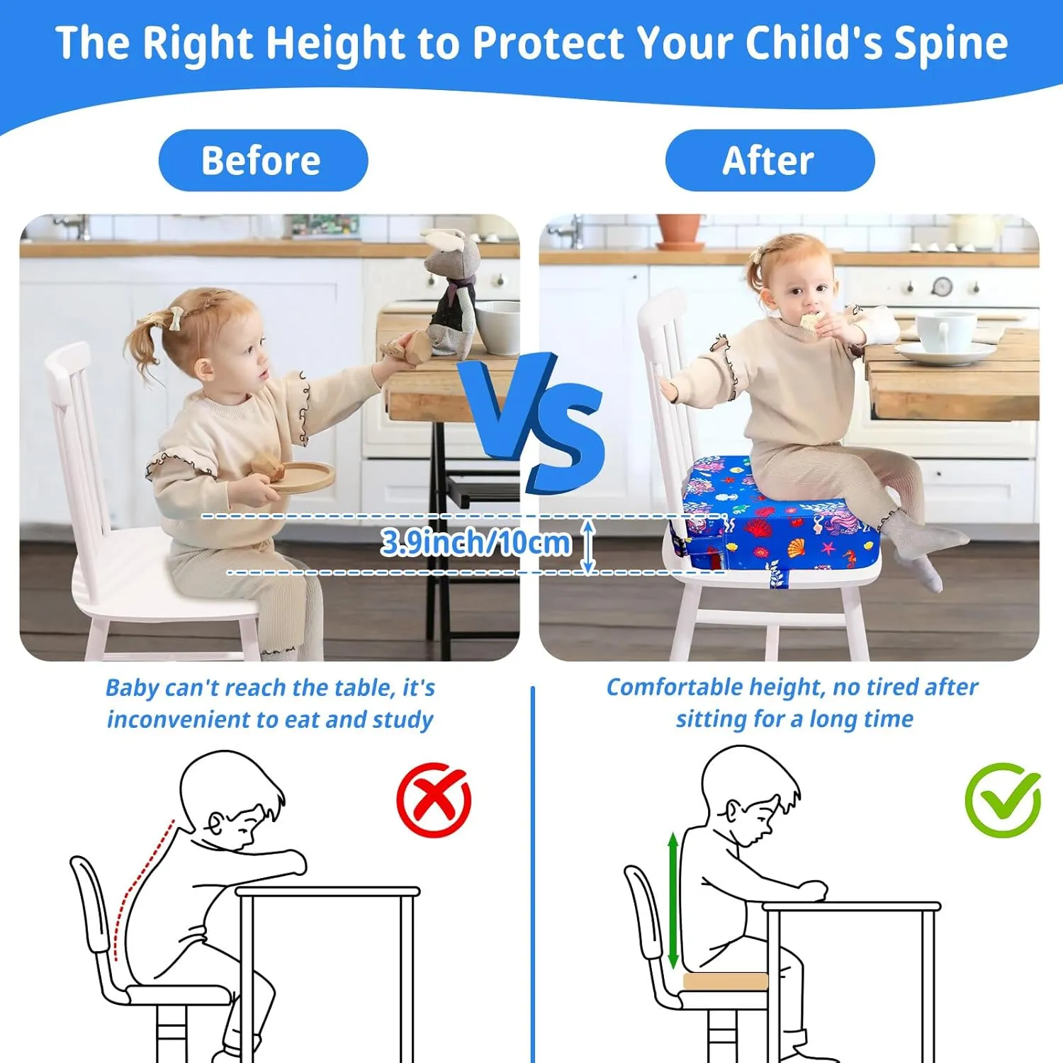 Toddler Booster Seat for Kitchen Chair, Non-Slip Kids Dining Table Booster Seat with Adjustable Safer Straps, Portable Baby Eating Travel Camping Increasing Cushion