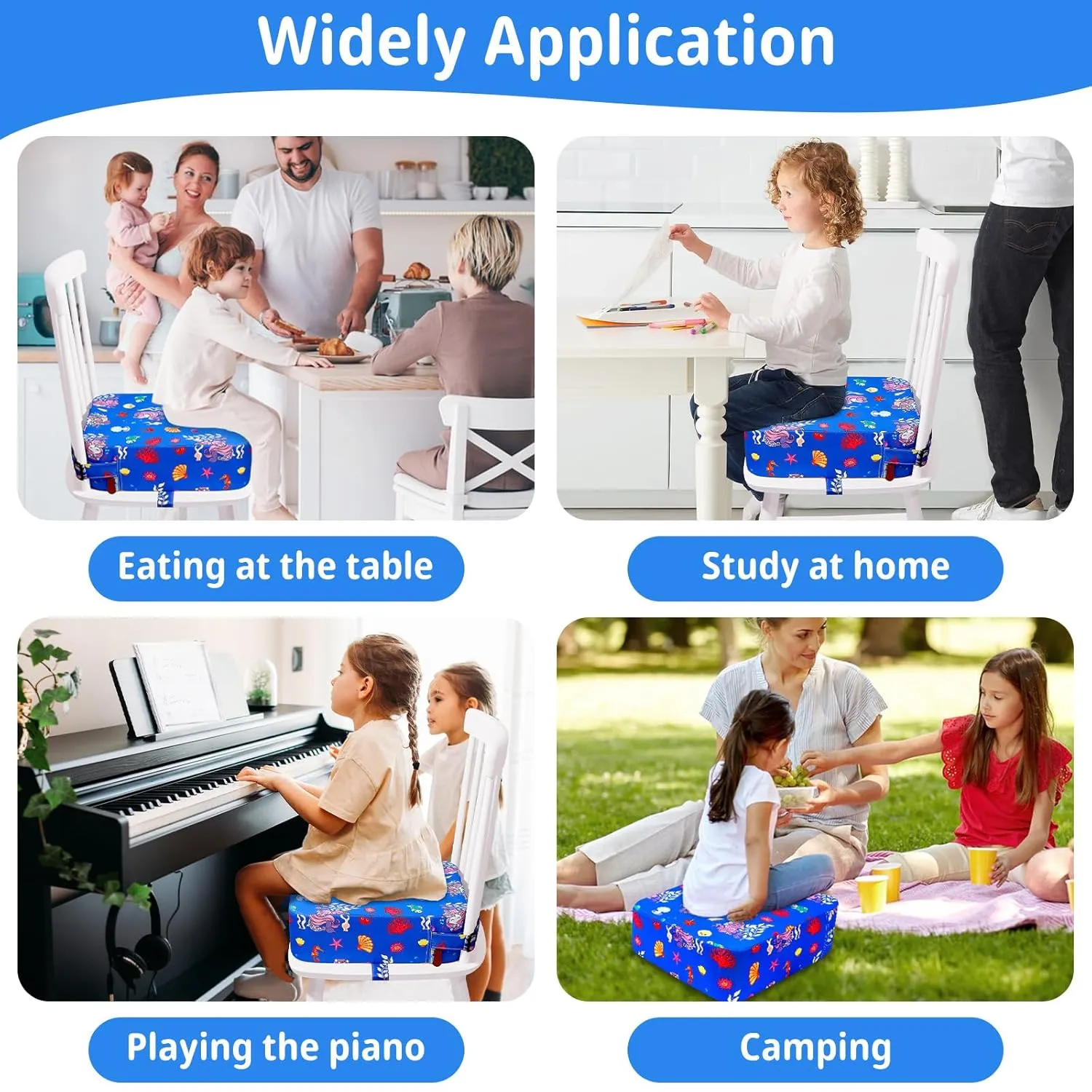 Toddler Booster Seat for Kitchen Chair, Non-Slip Kids Dining Table Booster Seat with Adjustable Safer Straps, Portable Baby Eating Travel Camping Increasing Cushion