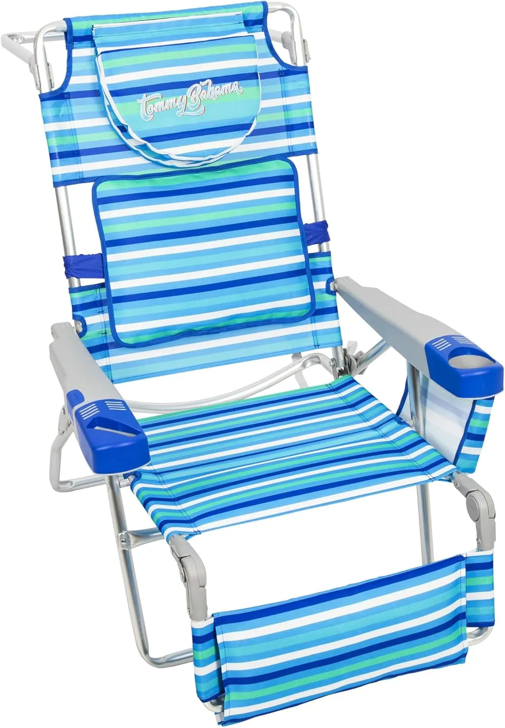 Tommy Bahama 4-Position Face-Opening Read Through Lounger with Ottoman Beach Chair, 35" D x 30.5" W x 41" H, Blue Stripe