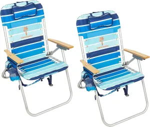 Tommy Bahama Hi-Boy 17" Seat Height 4-Position Lace-Up Suspension Folding Backpack Beach Chair, 2-Pack, Logo Stripe