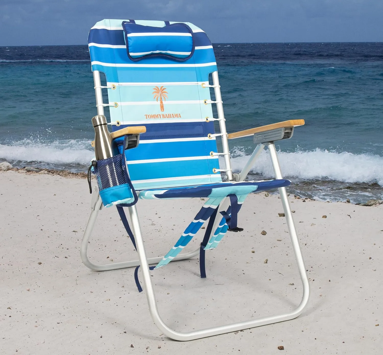 Tommy Bahama Hi-Boy 17" Seat Height 4-Position Lace-Up Suspension Folding Backpack Beach Chair, 2-Pack, Logo Stripe