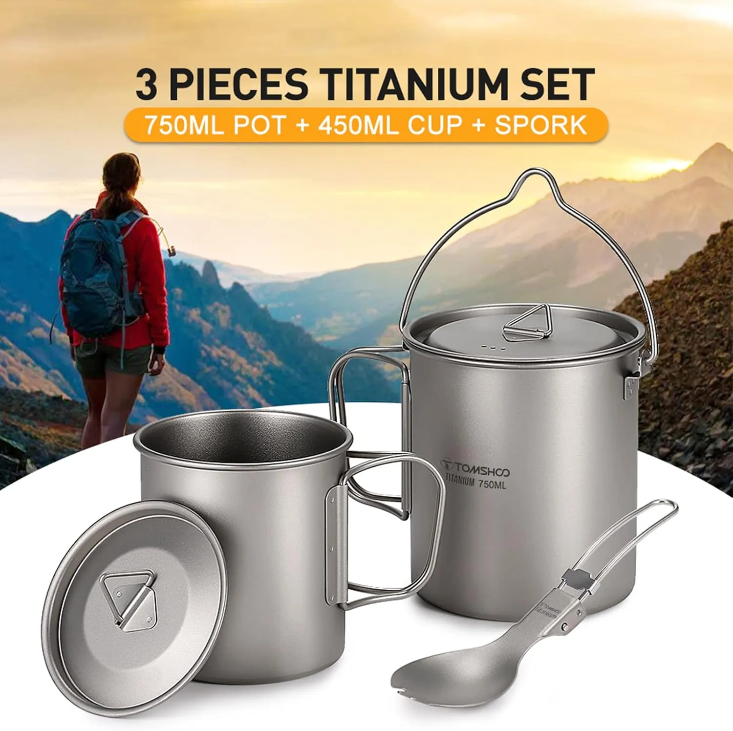 TOMSHOO Camping Titanium Pot Outdoor Titanium Mug with Lid Camping Coffee Cup with Foldable Handle for Camping Hiking Travelling Backpacking Camping Open Fire