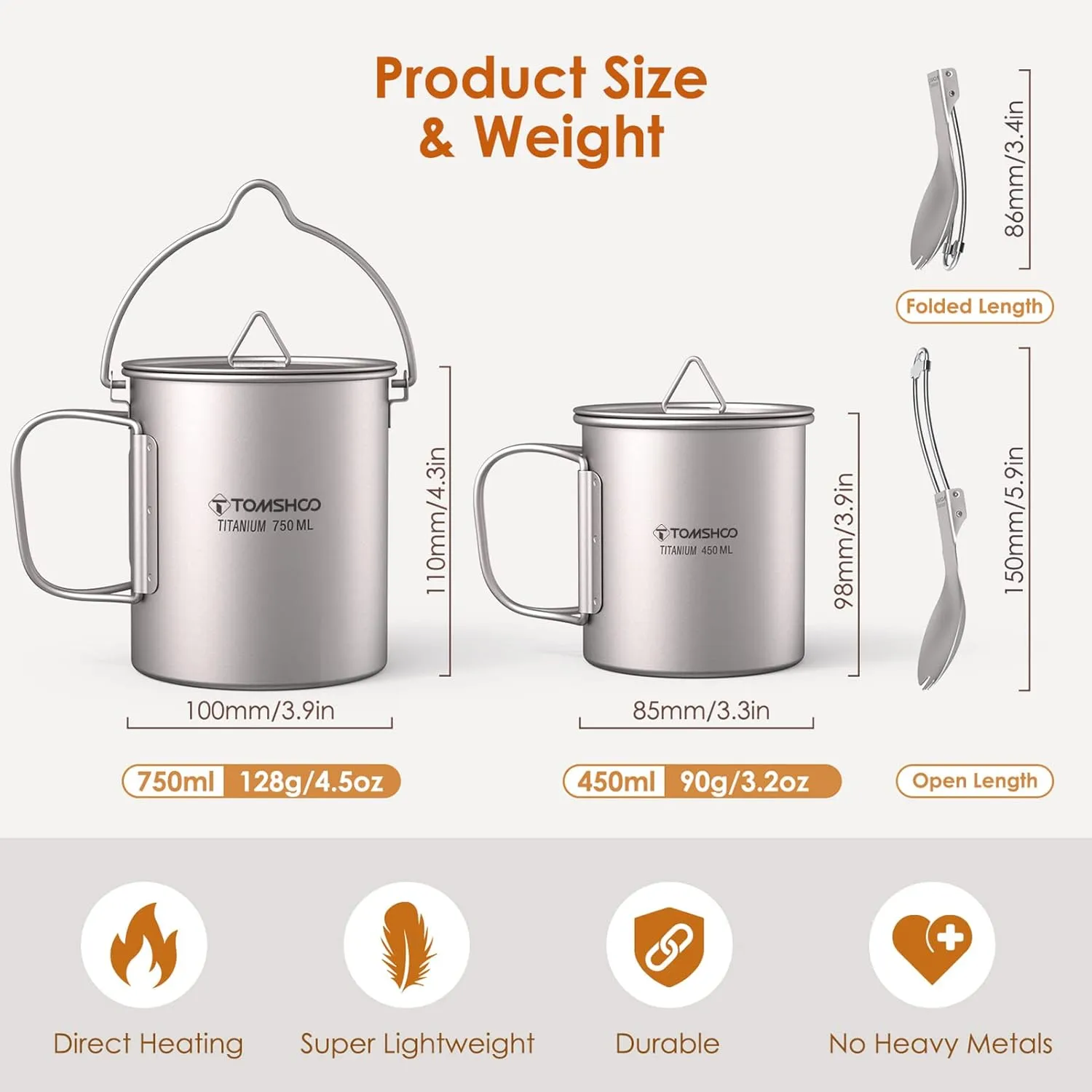 TOMSHOO Camping Titanium Pot Outdoor Titanium Mug with Lid Camping Coffee Cup with Foldable Handle for Camping Hiking Travelling Backpacking Camping Open Fire