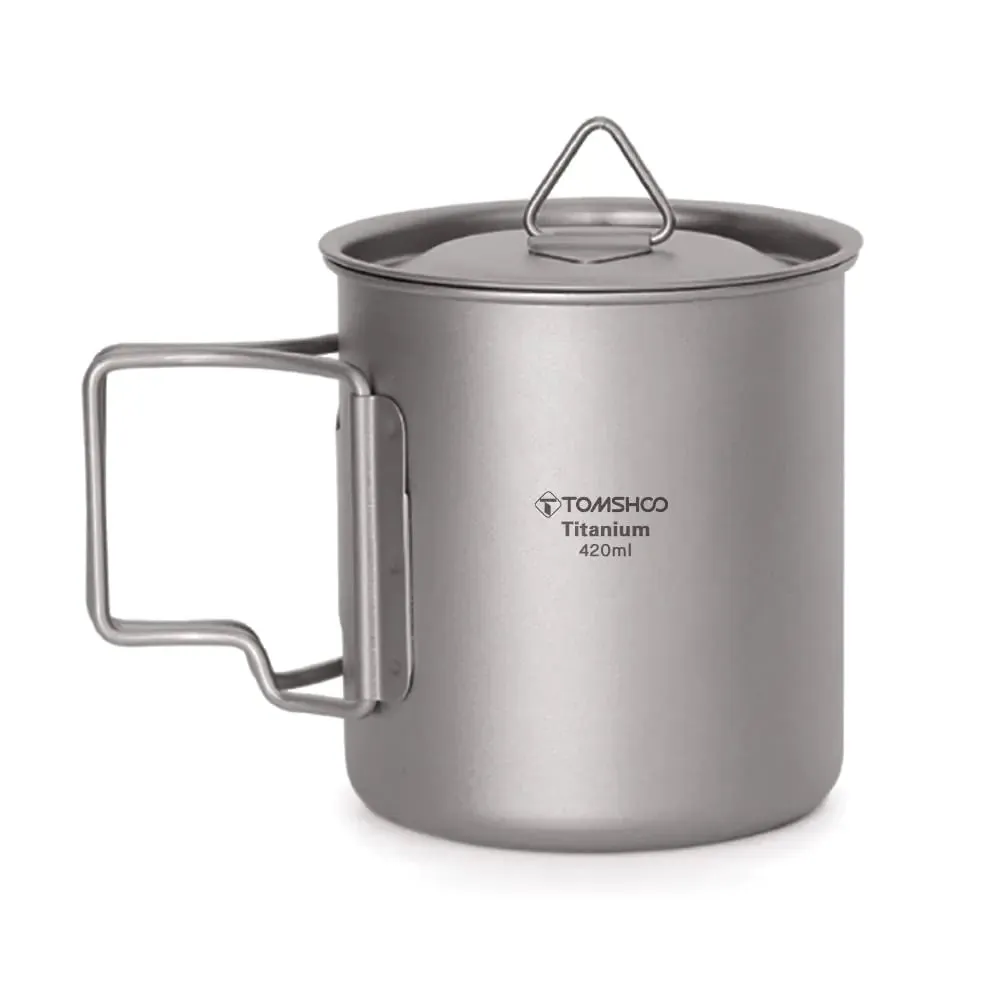 TOMSHOO Camping Titanium Pot Outdoor Titanium Mug with Lid Camping Coffee Cup with Foldable Handle for Camping Hiking Travelling Backpacking Camping Open Fire