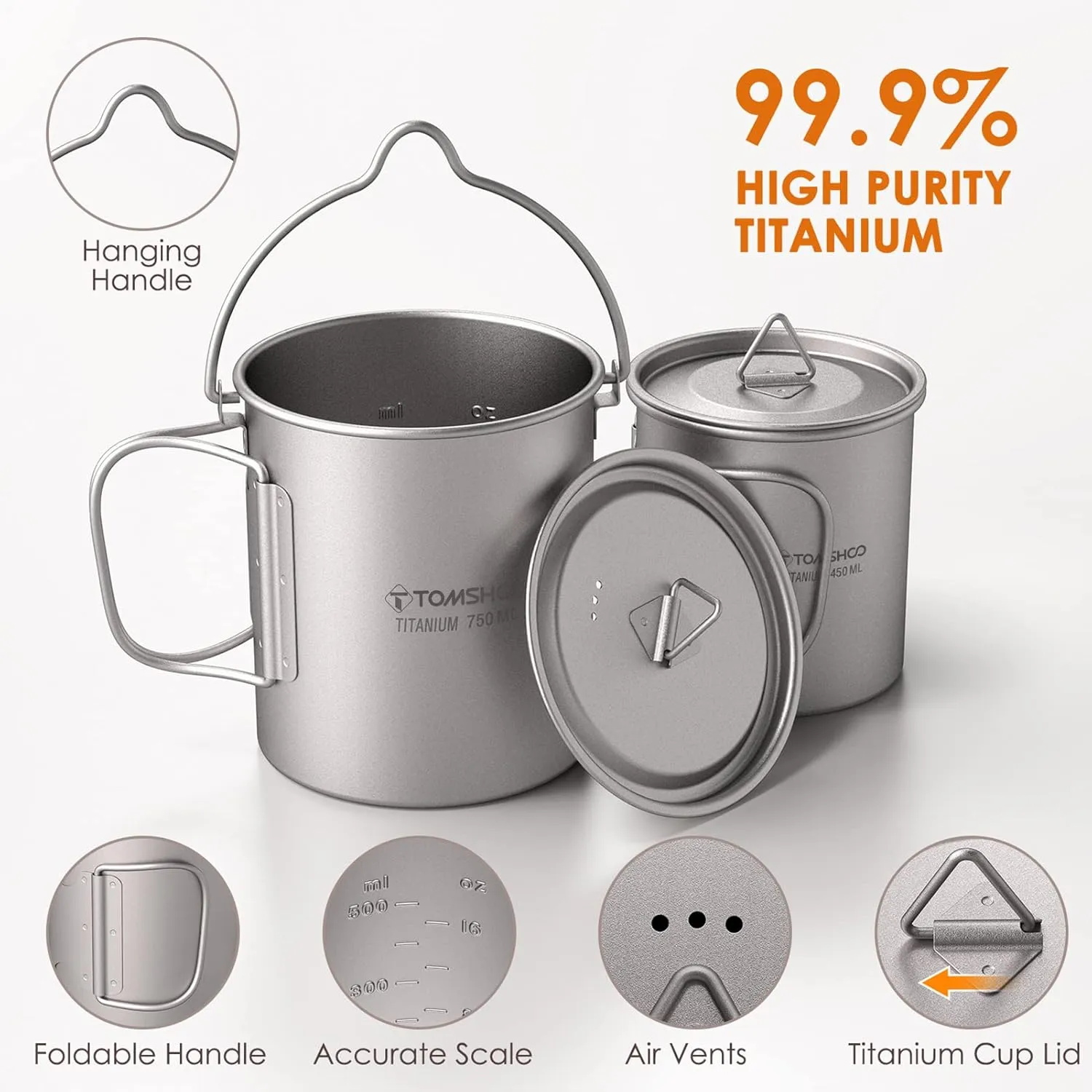 TOMSHOO Camping Titanium Pot Outdoor Titanium Mug with Lid Camping Coffee Cup with Foldable Handle for Camping Hiking Travelling Backpacking Camping Open Fire