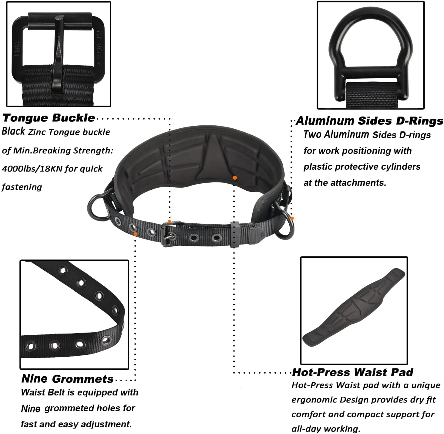 Tongue Buckle Body Belt (Aluminum Hardware) With Hot-Pressing Waist Pad and 2 Aluminum Side D-Rings Personal Protective Equipment | Waist Fitting Size 32'' to 50''