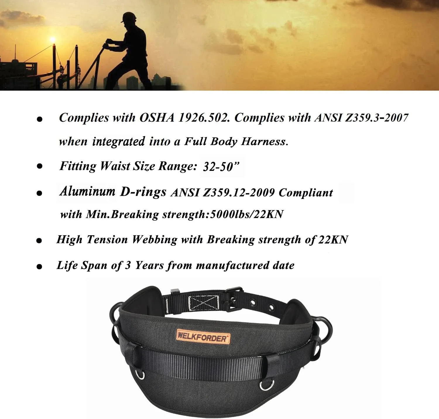 Tongue Buckle Body Belt (Aluminum Hardware) With Hot-Pressing Waist Pad and 2 Aluminum Side D-Rings Personal Protective Equipment | Waist Fitting Size 32'' to 50''