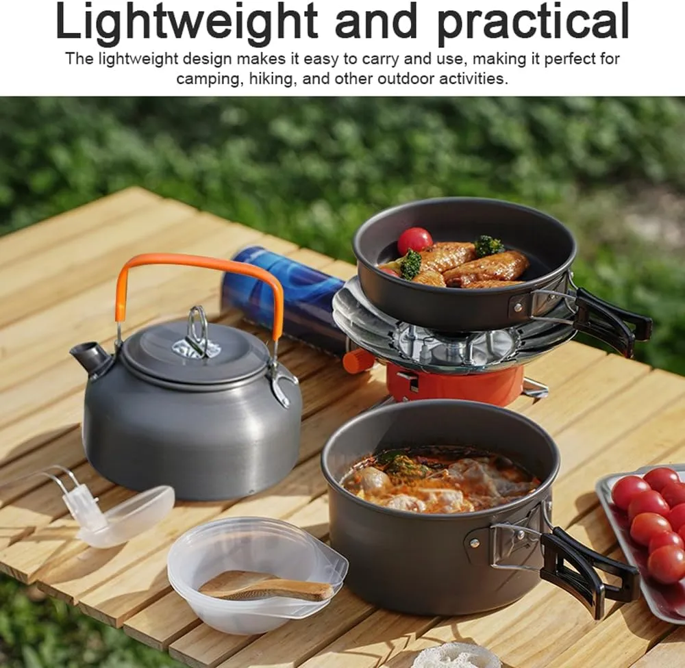 Topyond Camping Cookware Set, Portable Lightweight Camping Cooking Essentials, Aluminum Pot Pan Mess Kit for Hiking Backpacking Travel, Compact Outdoor Cookware Accessories (Orange)