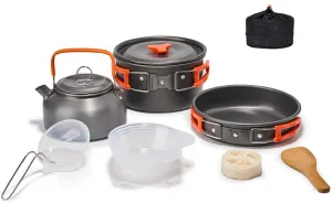 Topyond Camping Cookware Set, Portable Lightweight Camping Cooking Essentials, Aluminum Pot Pan Mess Kit for Hiking Backpacking Travel, Compact Outdoor Cookware Accessories (Orange)