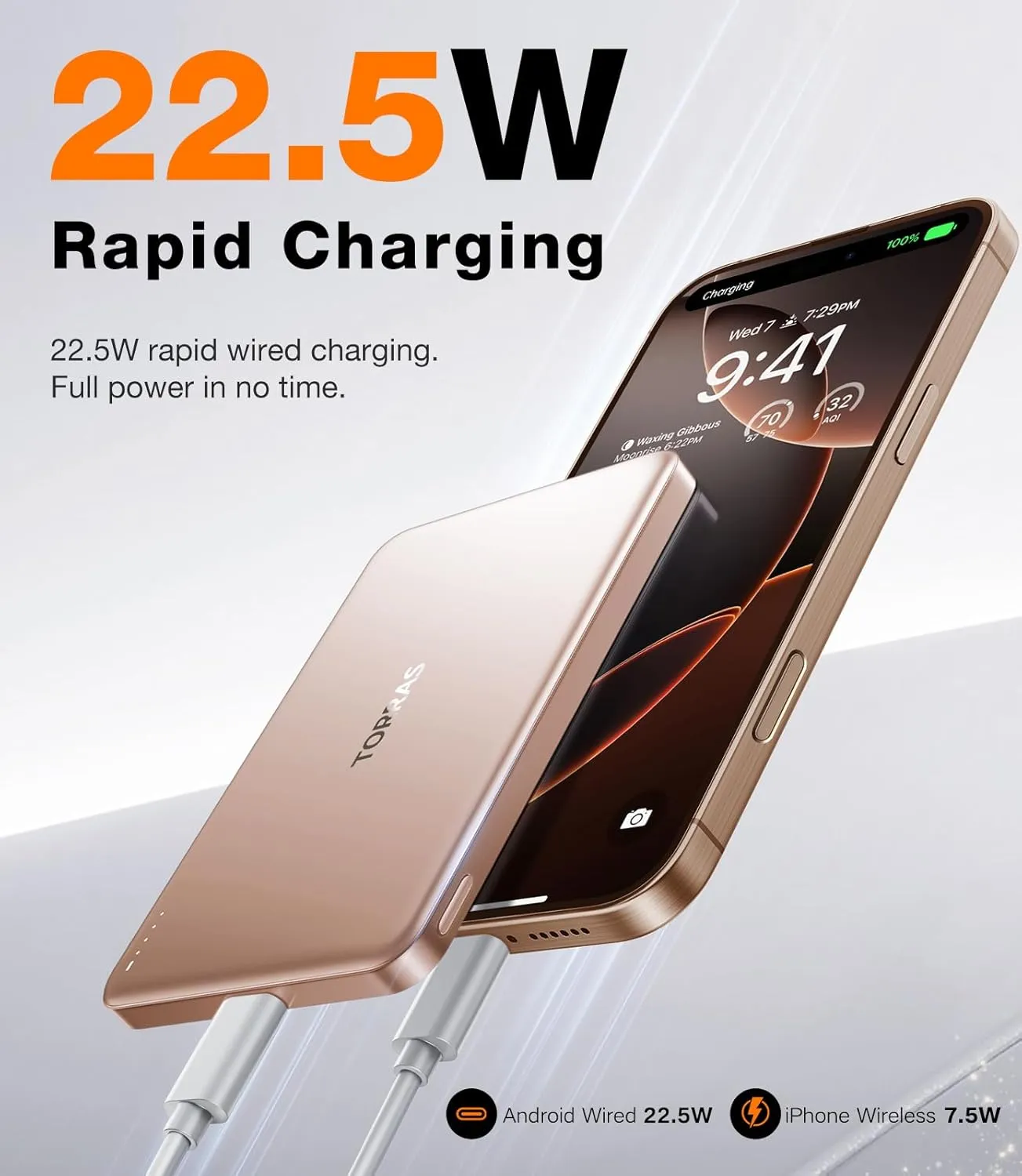 TORRAS MiniMag Power Bank, Ultra-Slim 10,000mAh Magnetic Wireless Portable Charger, 22.5W Fast Charging Battery Pack with USB-C Cable Designed for iPhone 16/15/14/13/12, Desert Titanium