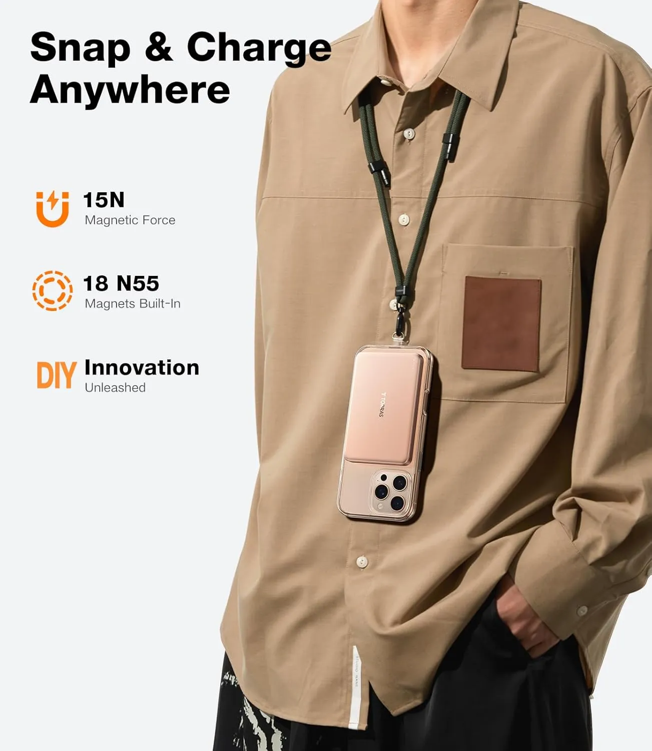 TORRAS MiniMag Power Bank, Ultra-Slim 10,000mAh Magnetic Wireless Portable Charger, 22.5W Fast Charging Battery Pack with USB-C Cable Designed for iPhone 16/15/14/13/12, Desert Titanium