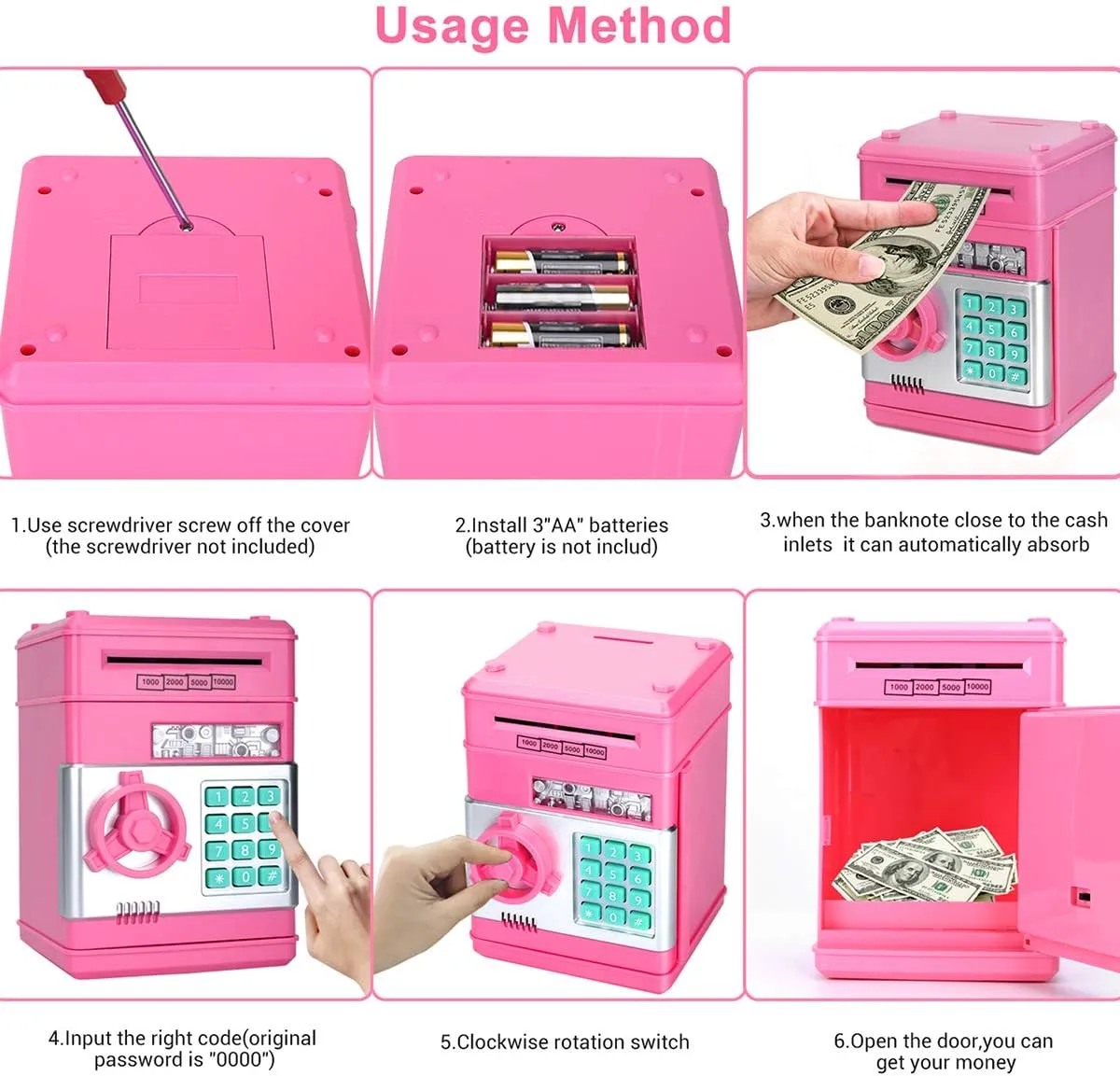Toy Piggy Bank, Electronic ATM Password Cash Coin Can Auto Scroll Paper Money Saving Box Gift for Kids (Light Pink)