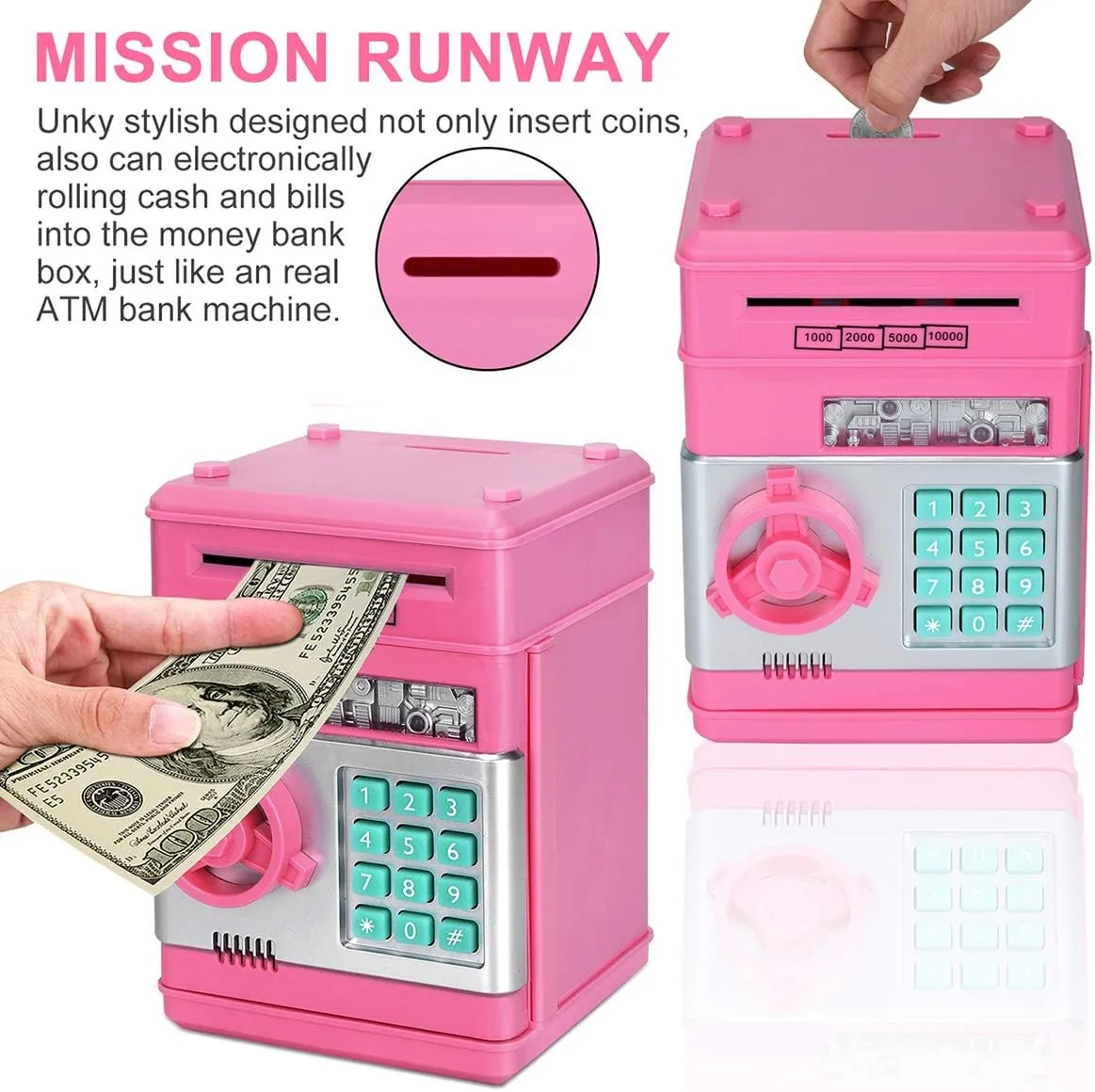 Toy Piggy Bank, Electronic ATM Password Cash Coin Can Auto Scroll Paper Money Saving Box Gift for Kids (Light Pink)