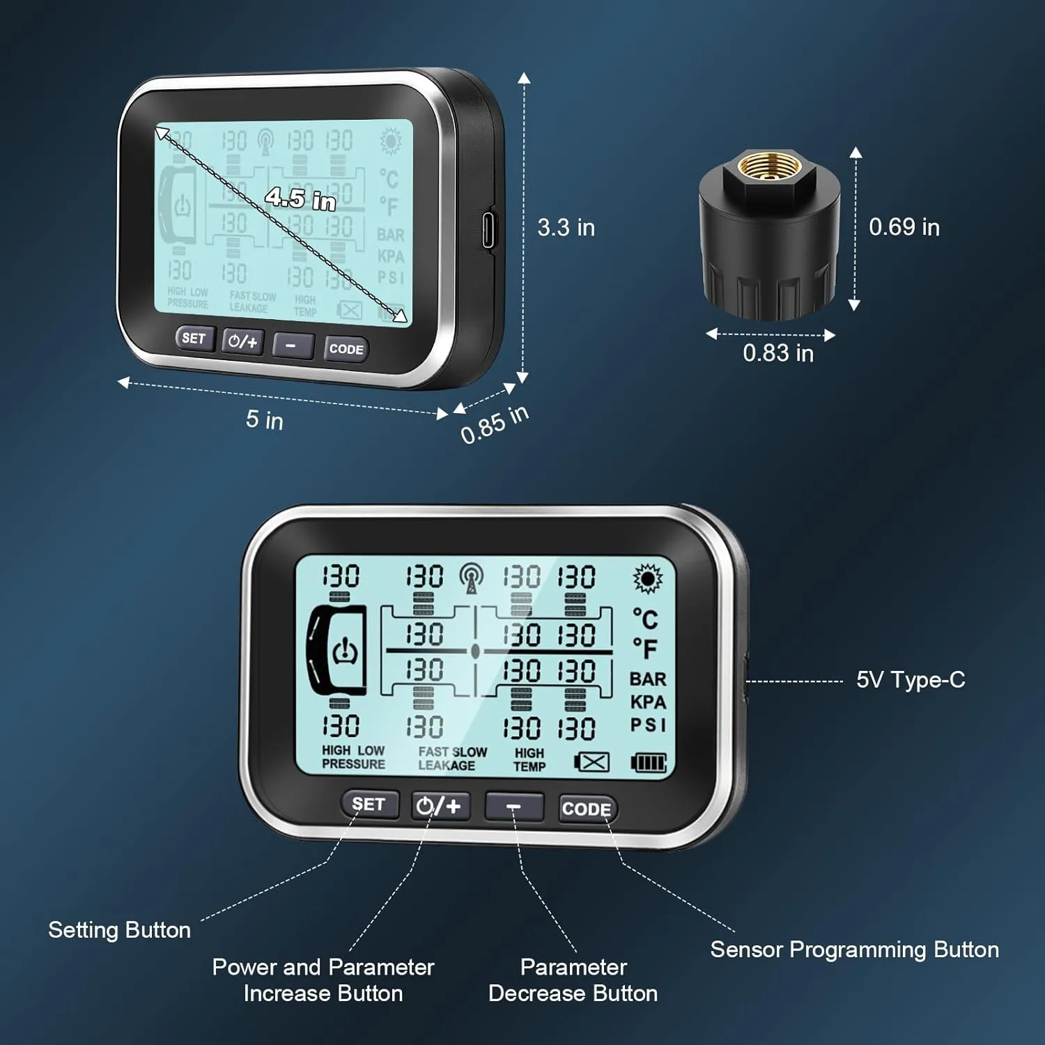 Trailer Tire Pressure Monitoring System 10 Sensors - 4.5" XL Solar Monitor w/ 0-199PSI, Taimster 6 Alerts, Signal Booster TPMS for Semi Truck/RV/Camper (4-14 Sensors)