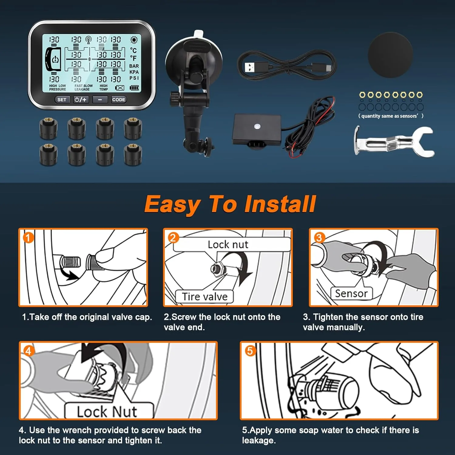Trailer Tire Pressure Monitoring System 10 Sensors - 4.5" XL Solar Monitor w/ 0-199PSI, Taimster 6 Alerts, Signal Booster TPMS for Semi Truck/RV/Camper (4-14 Sensors)