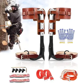 Tree Climbing Spikes Set with Harness Belt, Upgrade Cow Leather Tree Climbing Spikes Height Adjustable Tree Climbing Gear Pole Forging Tree Climbing Tool for Outdoor Activities