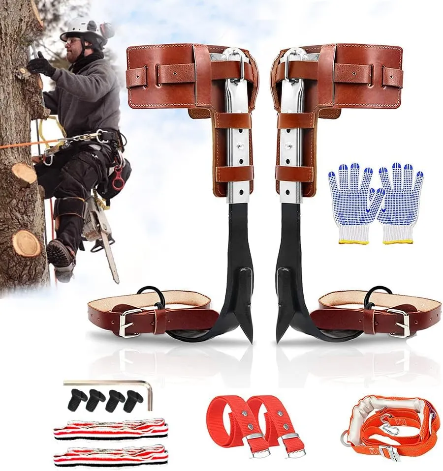 Tree Climbing Spikes Set with Harness Belt, Upgrade Cow Leather Tree Climbing Spikes Height Adjustable Tree Climbing Gear Pole Forging Tree Climbing Tool for Outdoor Activities