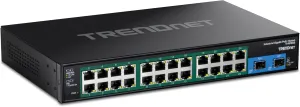 TRENDnet 26-Port Hardened Industrial Gigabit PoE  Rackmount Switch, TI-RP262, 24 x Gigabit PoE  Ports, 2 x Gigabit SFP Ports, Lifetime Protection, Black