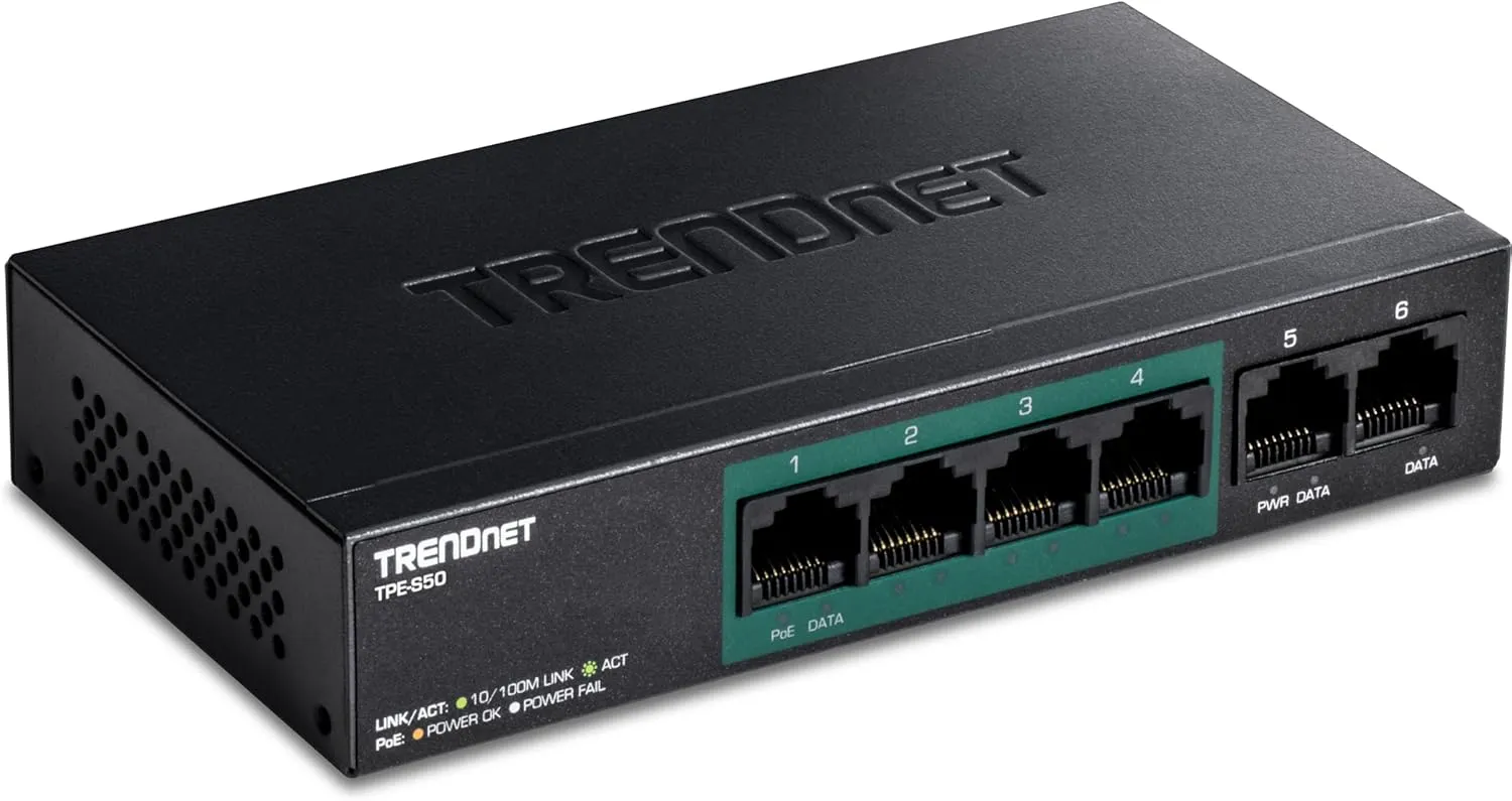 TRENDnet 6-Port Fast Ethernet PoE  Switch, TPE-S50, NDAA Compliant, 60W PoE Budget, 1.2 Gbps Switch Capacity, Metal, Black, Lifetime Protection