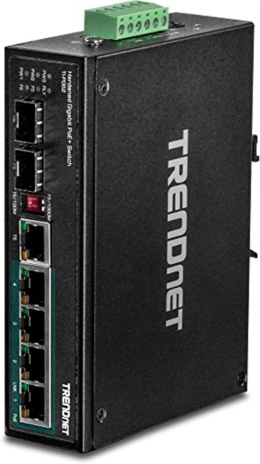 TRENDnet 6-Port Hardened Industrial Gigabit PoE  DIN-Rail Switch, 4 x Gigabit PoE  Ports, Shared Gigabit Port (RJ-45/SFP), Dedicated SFP, 120W Power Budget, IP30, Lifetime Protection, Black, TI-PG62