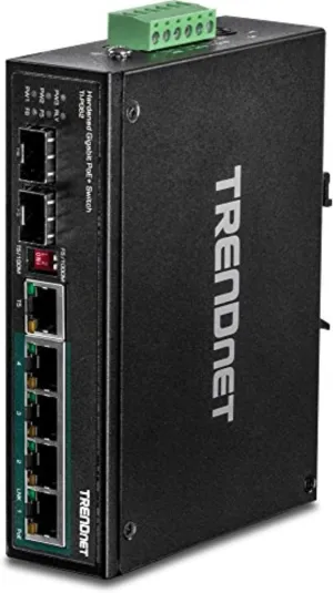 TRENDnet 6-Port Hardened Industrial Gigabit PoE  DIN-Rail Switch, 4 x Gigabit PoE  Ports, Shared Gigabit Port (RJ-45/SFP), Dedicated SFP, 120W Power Budget, IP30, Lifetime Protection, Black, TI-PG62
