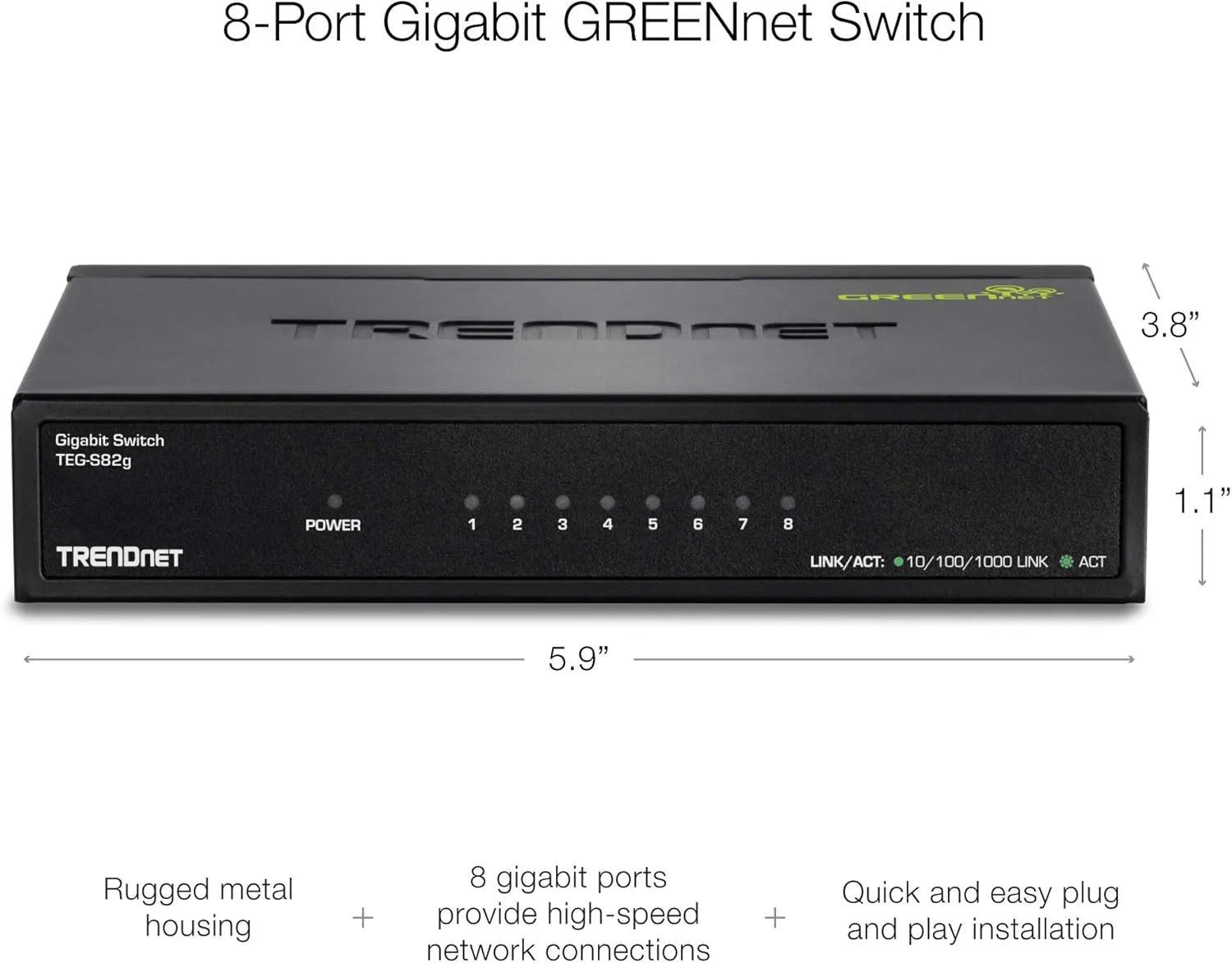 TRENDnet 8-Port Gigabit GREENnet Switch, Ethernet Network Switch, TEG-S82G, 8 x 10-100-1000 Mbps Gigabit Ethernet Ports, Ethernet Splitter, 16 Gbps, Metal, Lifetime Protection, Black