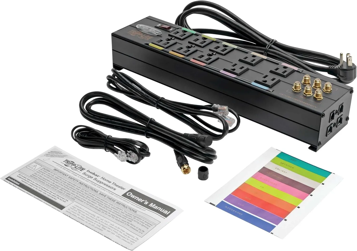 Tripp Lite Isobar 10 Outlet Audio/Video Surge Protector Tel/Modem/Coax/Network 8ft Cord Right Angle Plug, & $500,000 Insurance (HT10DBS) Black