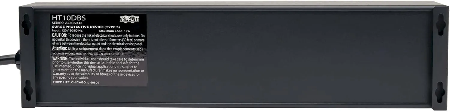 Tripp Lite Isobar 10 Outlet Audio/Video Surge Protector Tel/Modem/Coax/Network 8ft Cord Right Angle Plug, & $500,000 Insurance (HT10DBS) Black