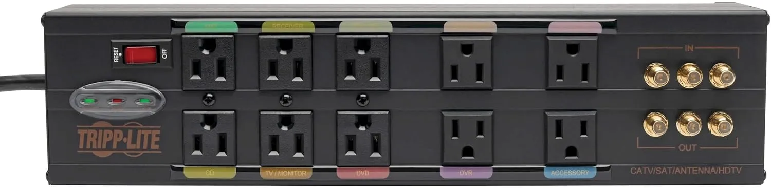 Tripp Lite Isobar 10 Outlet Audio/Video Surge Protector Tel/Modem/Coax/Network 8ft Cord Right Angle Plug, & $500,000 Insurance (HT10DBS) Black