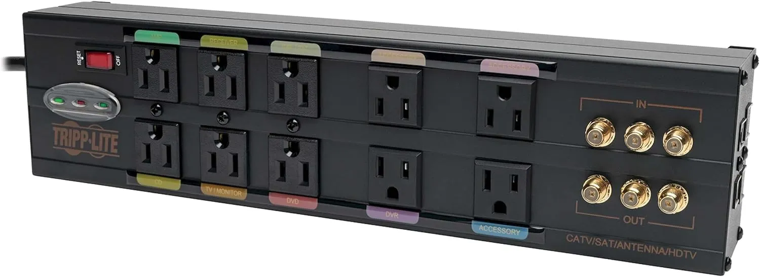 Tripp Lite Isobar 10 Outlet Audio/Video Surge Protector Tel/Modem/Coax/Network 8ft Cord Right Angle Plug, & $500,000 Insurance (HT10DBS) Black