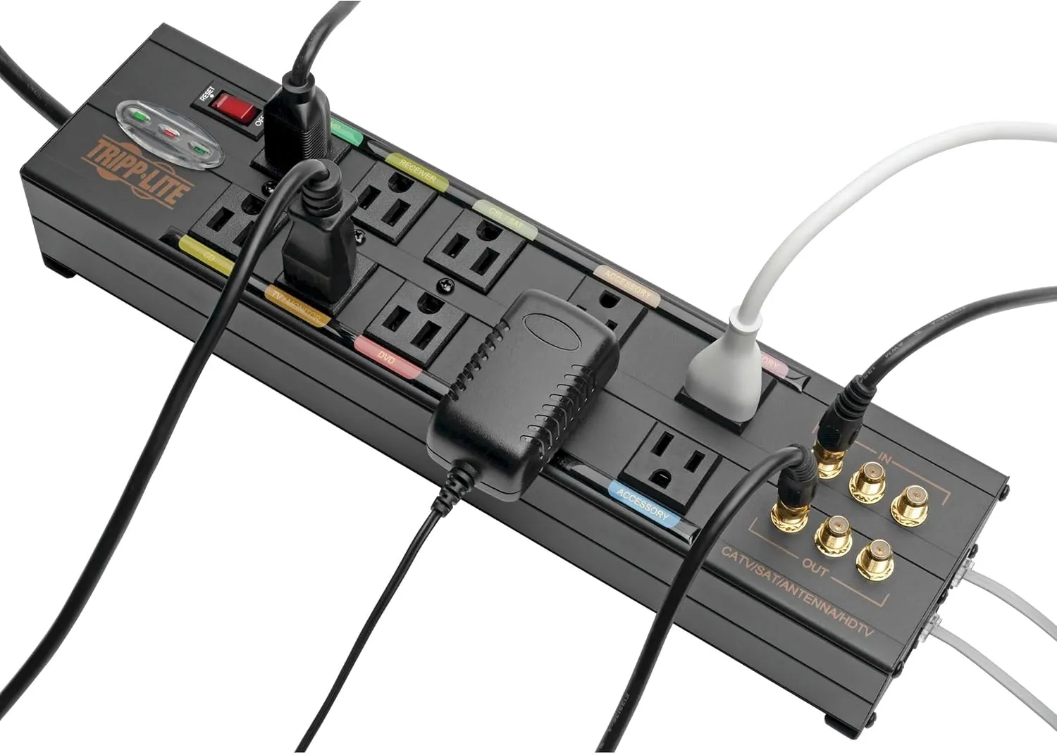 Tripp Lite Isobar 10 Outlet Audio/Video Surge Protector Tel/Modem/Coax/Network 8ft Cord Right Angle Plug, & $500,000 Insurance (HT10DBS) Black