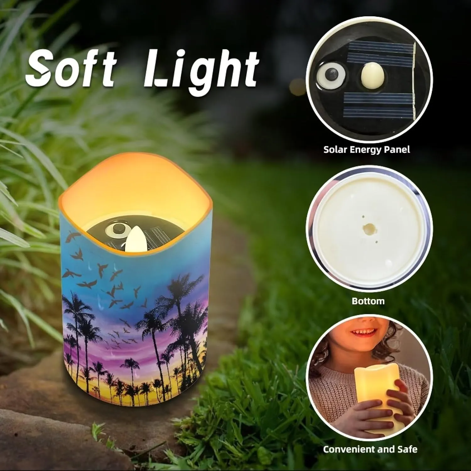 Tropical Palm Tree Solar Candles Outdoor Waterproof Flicking Flameless Candles Set of 6 Solar Pillar Candles Realistic Luminara Home Garden Pathway Lights Auto On at Dusk Off at Dawn